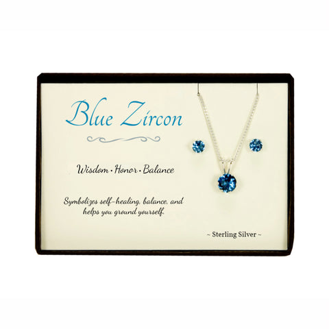 Blue Zircon Sterling Silver Pendant Earrings Set