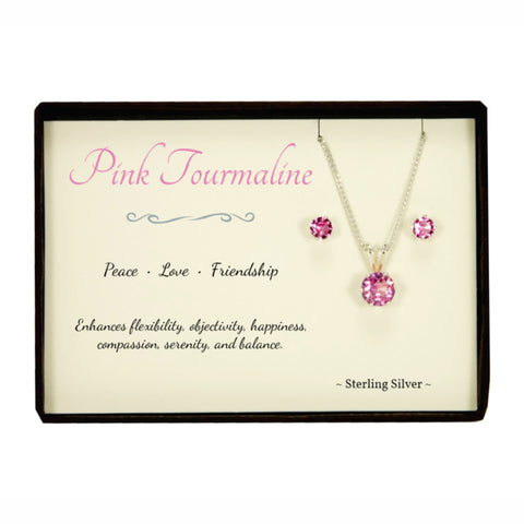Pink Tourmaline Sterling Silver Pendant Necklace Earring Set in Gift Box