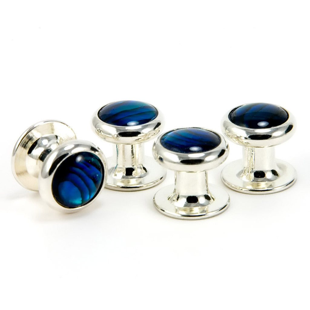 dress shirt studs Blue Paua Shell Silver Tuxedo Shirt Stud Set