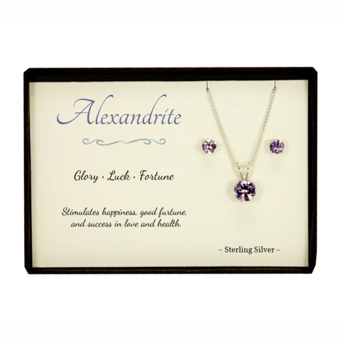 Alexandrite Sterling Silver Pendant Necklace Earring Set June Birthstone in Gift Box