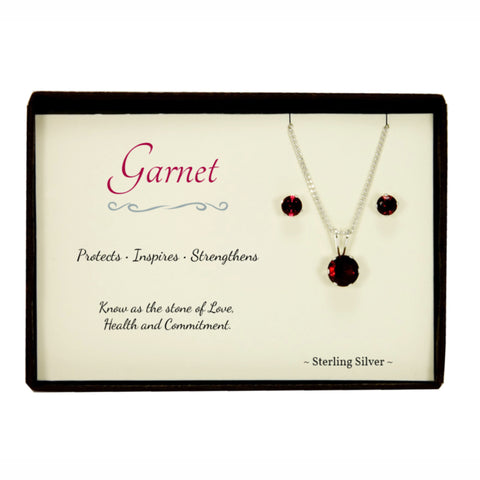 Garnet Sterling Silver Pendant Necklace Earring Set in Gift Box