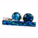 Blue Paua Shell Silver Cufflink Tie Bar Set