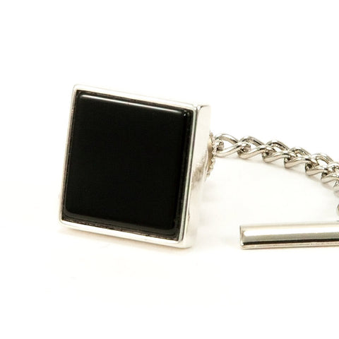 Black Onyx Square Sterling Silver Tie Tack / Lapel Pin