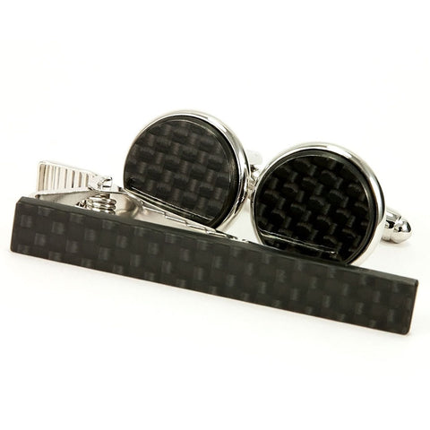 Black Carbon Fiber Silver Cufflinks Tie Clip Set