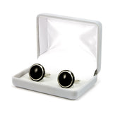 Ebony silver inlay round wooden cufflinks - gift box
