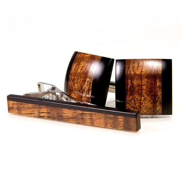 【最安値挑戦】 Wooden Hawaiian Koa Ebony Cufflink Tie Clip Set – bcr-designs 小物
