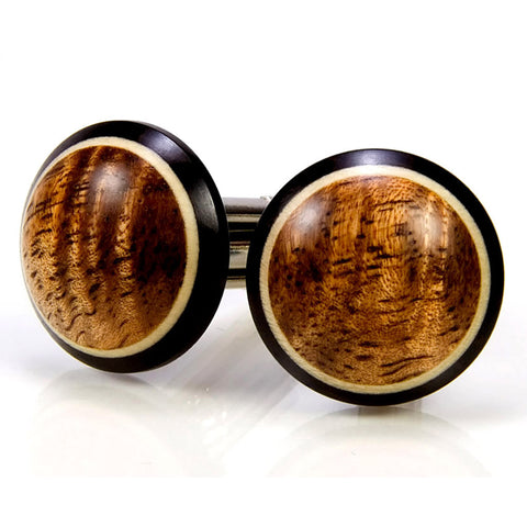 Hawaiian koa ebony holly round wood cufflinks