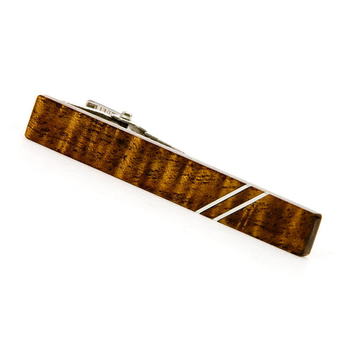 Hawaiian Koa Silver Inlay Wooden Tie Clip