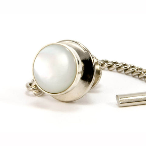 Mother of Pearl Sterling Silver Round Tie Tack / Lapel Pin